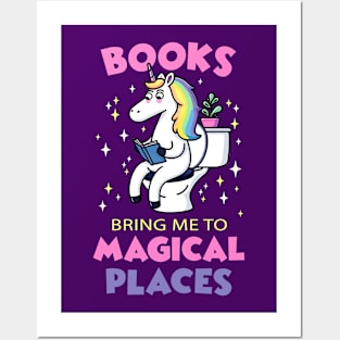 Books Bring Me to Magical Places Unicorn Reading in Toilet Posters and Art